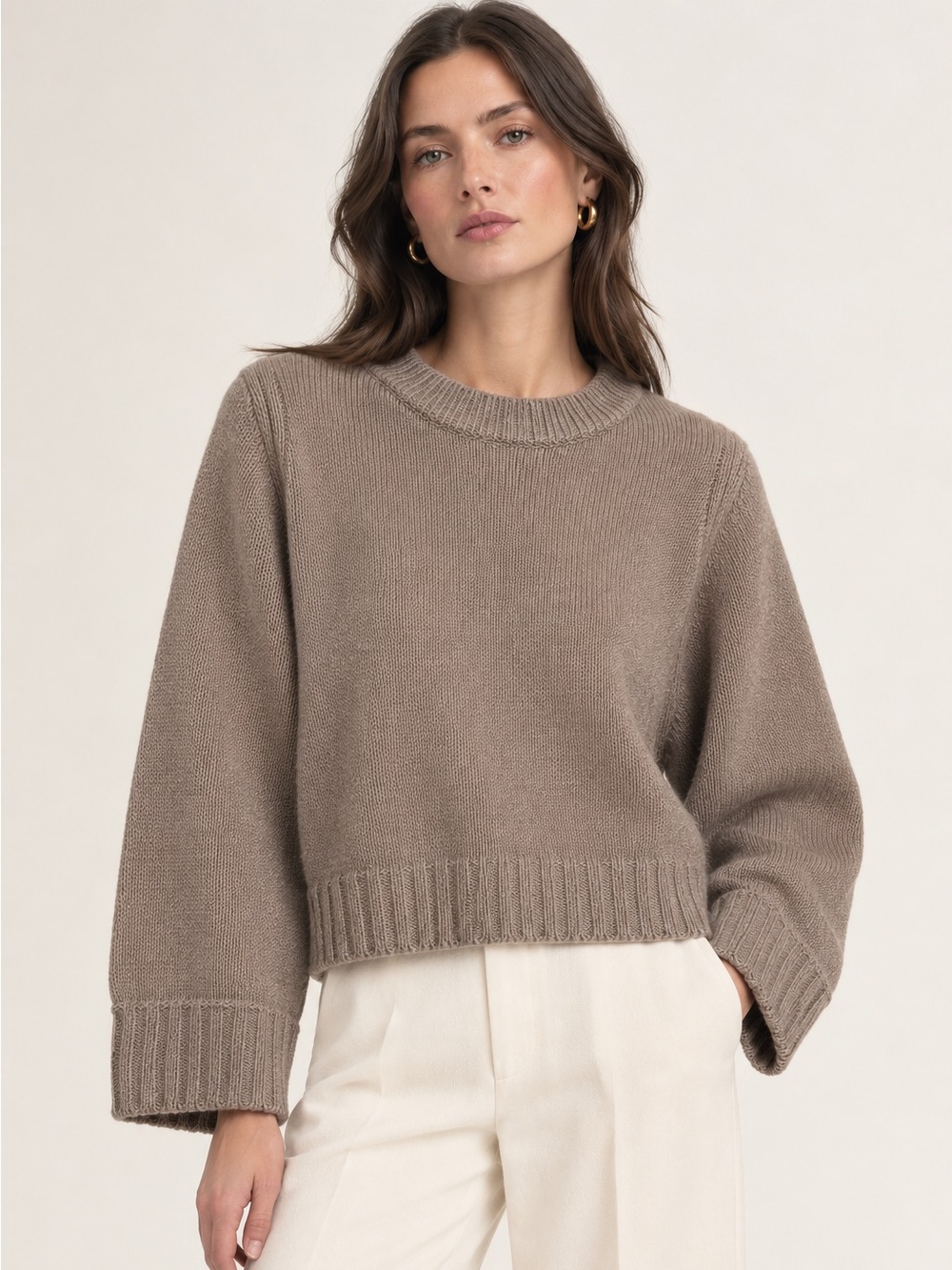 La Ligne M 100% Merino Wool Camel Taupe Crewneck Sweater Quiet Luxury Minimalist
